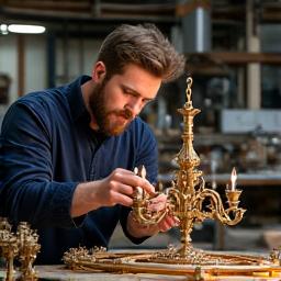 A craftsman carefully assembling a complex metal chandelier.